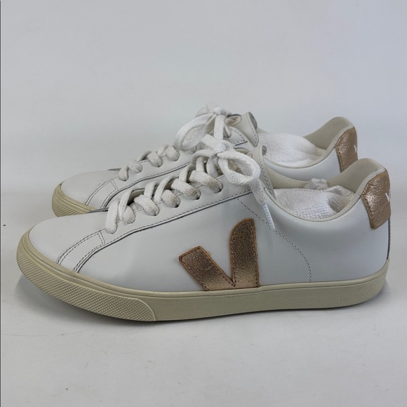 VEJA Esplar Leather Sneakers Women's White and Gold Size 8 - Picture 3 of 8